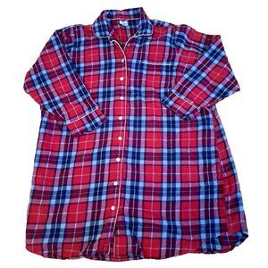 Womens Lands End Flannel Nightshirt Blue Red Plaid Buttons Nightgown 2X